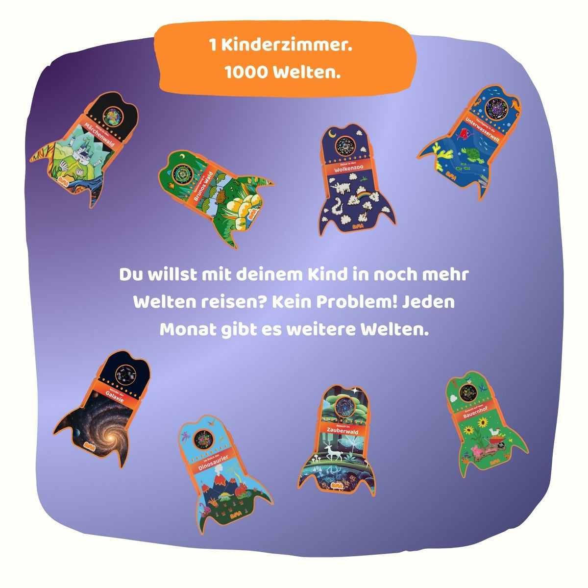 BiMA Projektor Starter Bundle – Kinder Zimmer Projektor mit Raketen für Fantasiewelten.